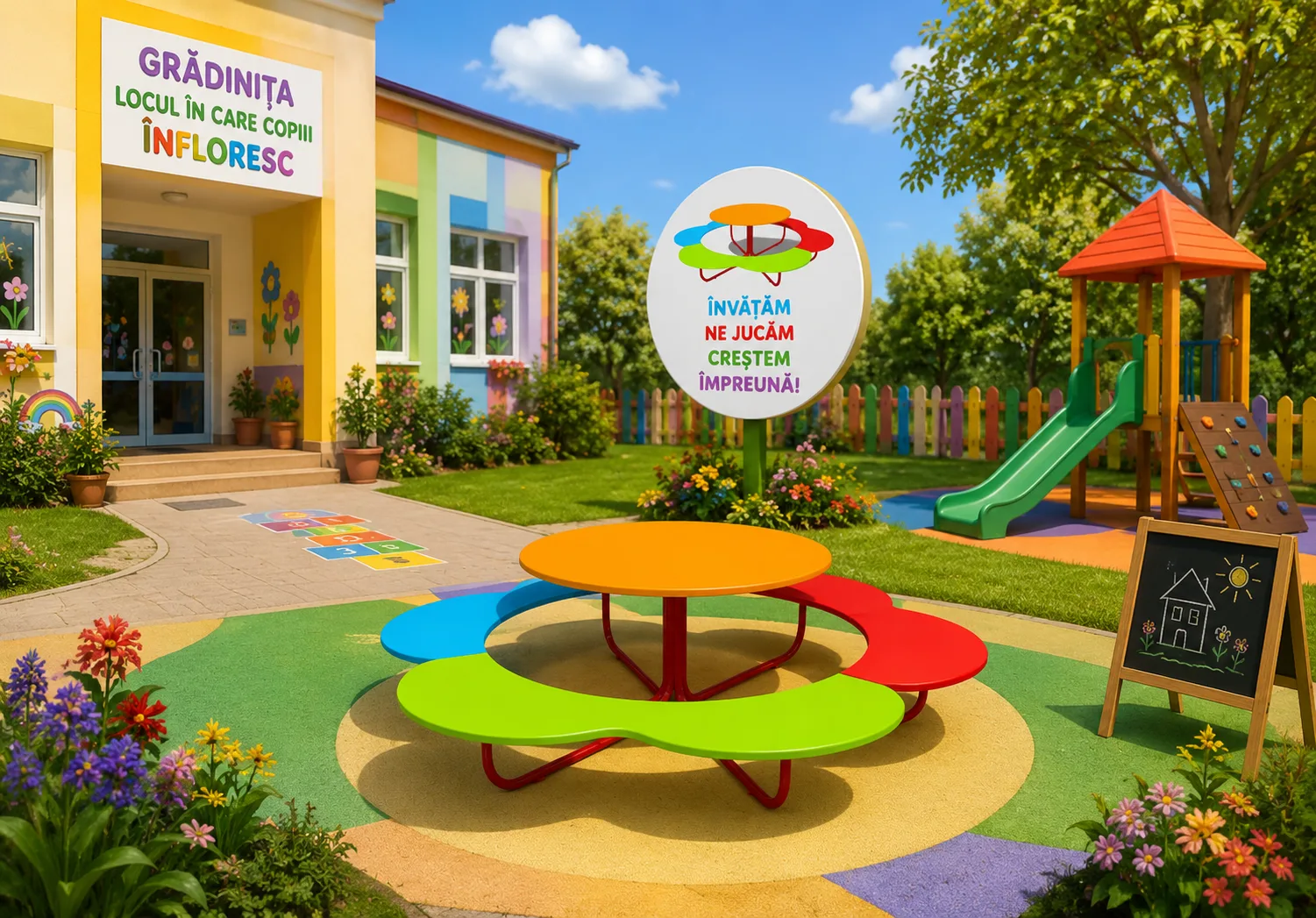 Masă cu băncuțe pentru copii – model Floare 🌸